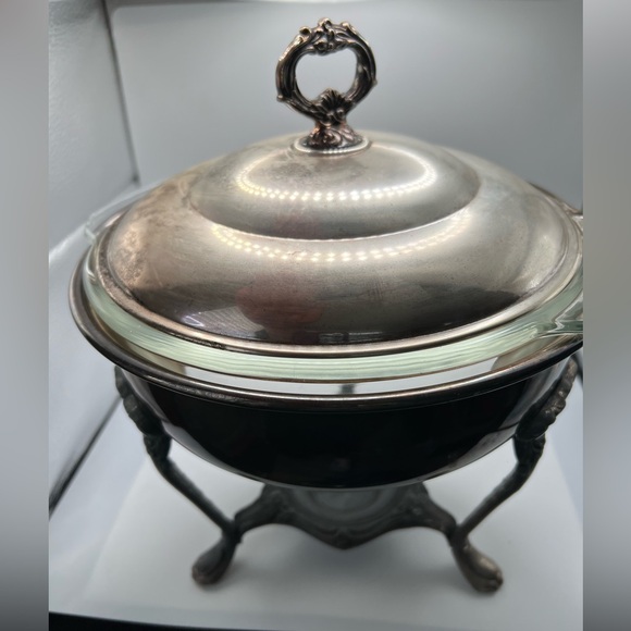 Vintage Silver Plate Serving Tray With Anchor Hocking 10 in across Dish. - Picture 12 of 13